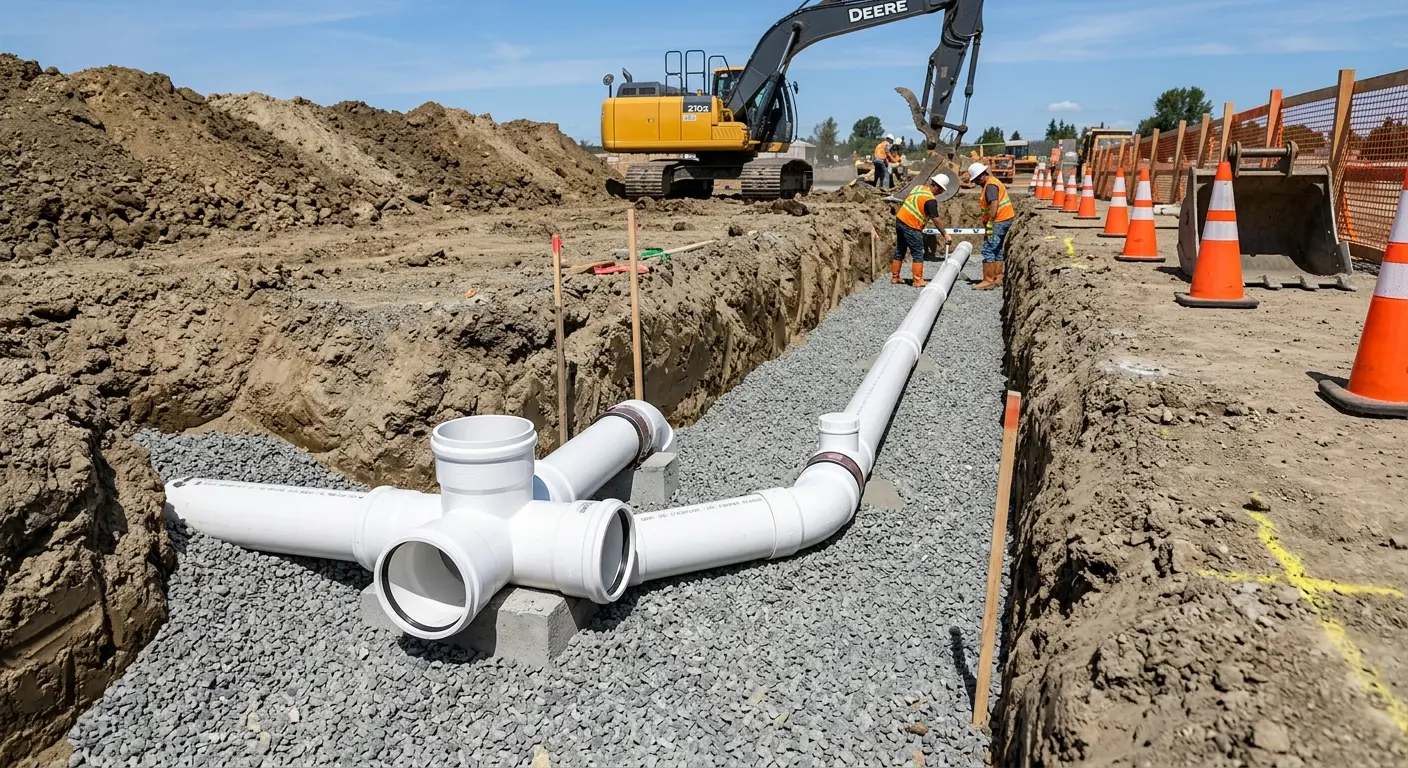 New PVC sewer pipe installation in open trench for Commercial Drain Cleaning in Elma