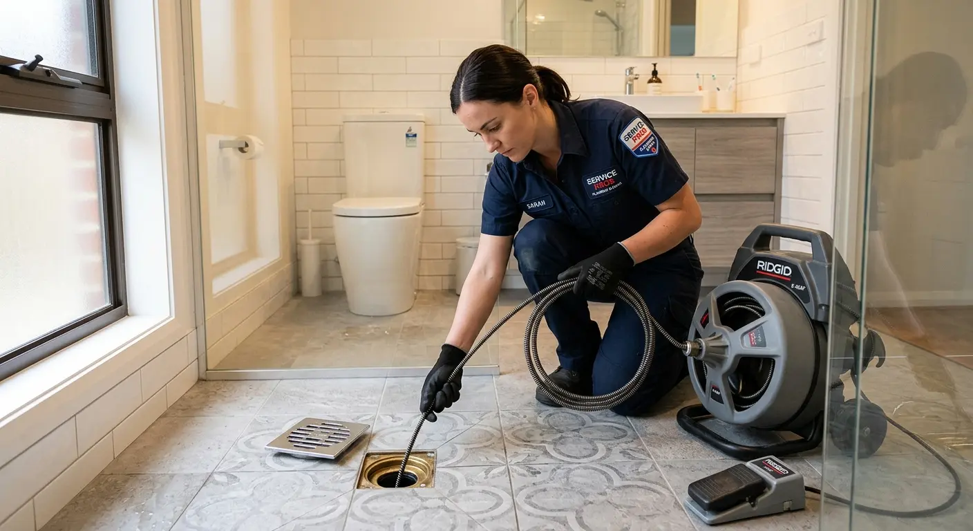 Technician clearing a bathroom floor drain for Hydro Jetting in Elma